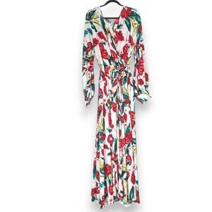 NWT Karen T Design Women's Size 1X Tropical Floral Maxi Dress Self Tie Garden